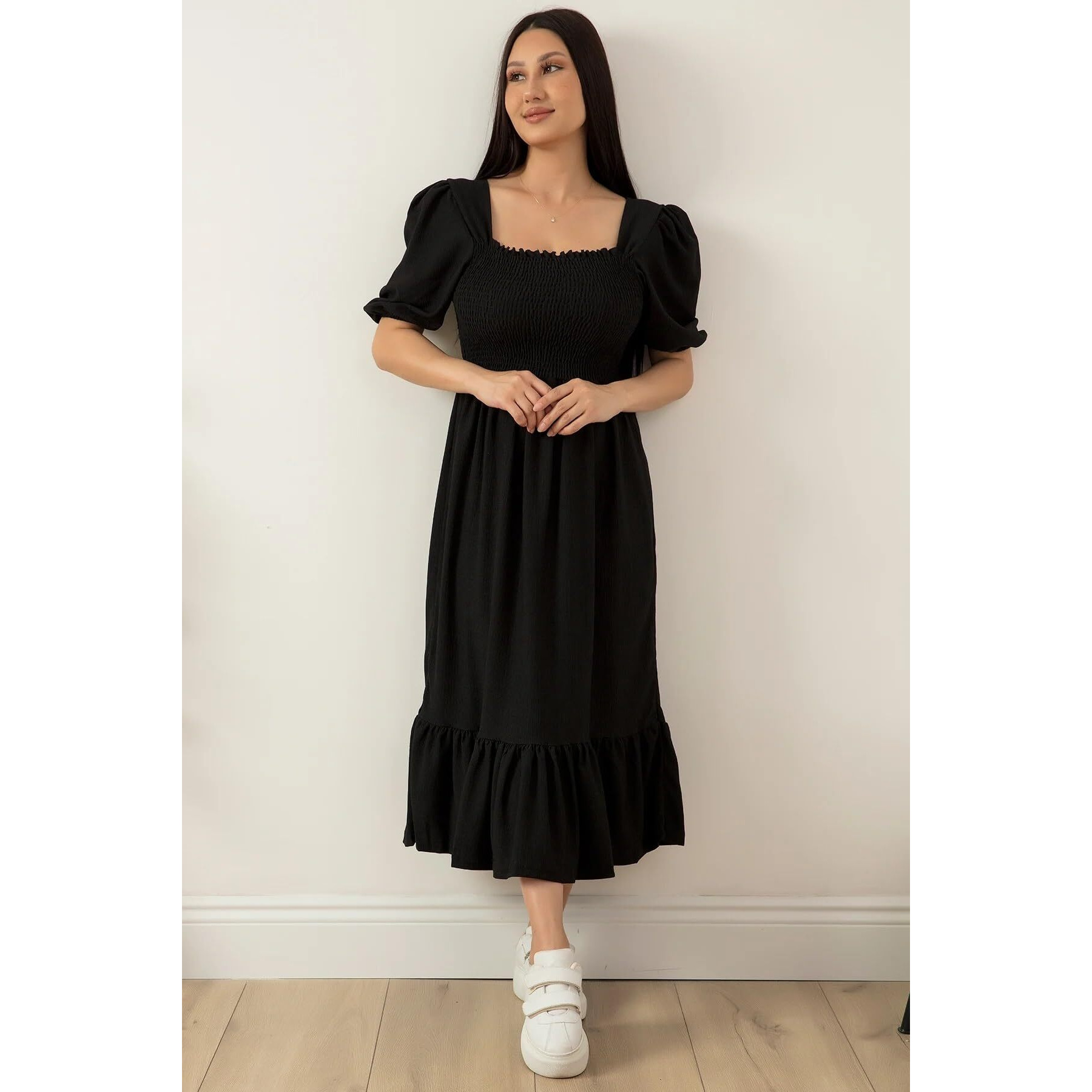 Sheetal Associates Women Casual Regular Sleeves Crepe Solid Fit and Flare Dress (Black, 2XL)