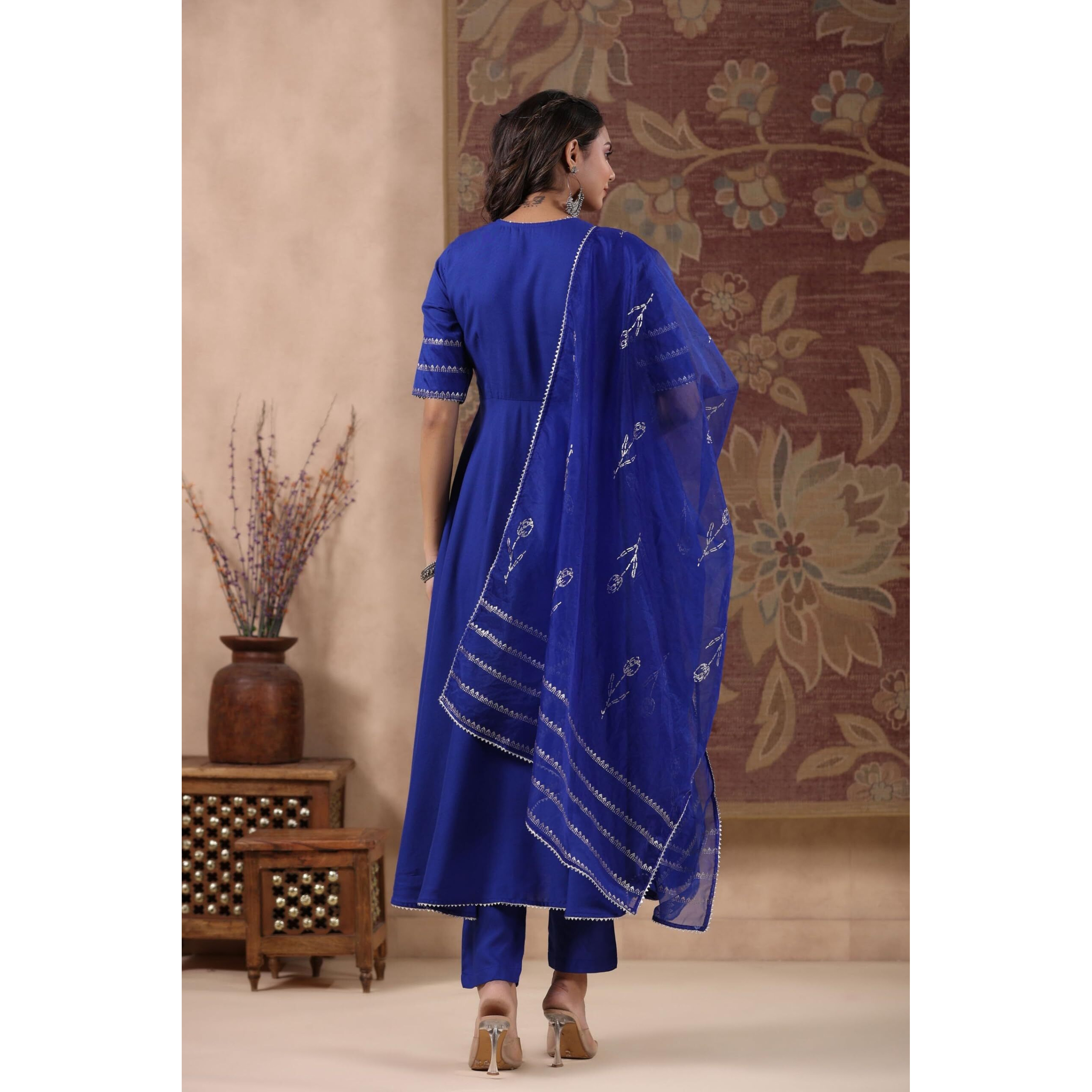GoSriKi Women's Rayon Blend Anarkali Solid Kurta with Pant & Dupatta (NIRMOOHA Royal Blue-GS_M_Blue_Medium)