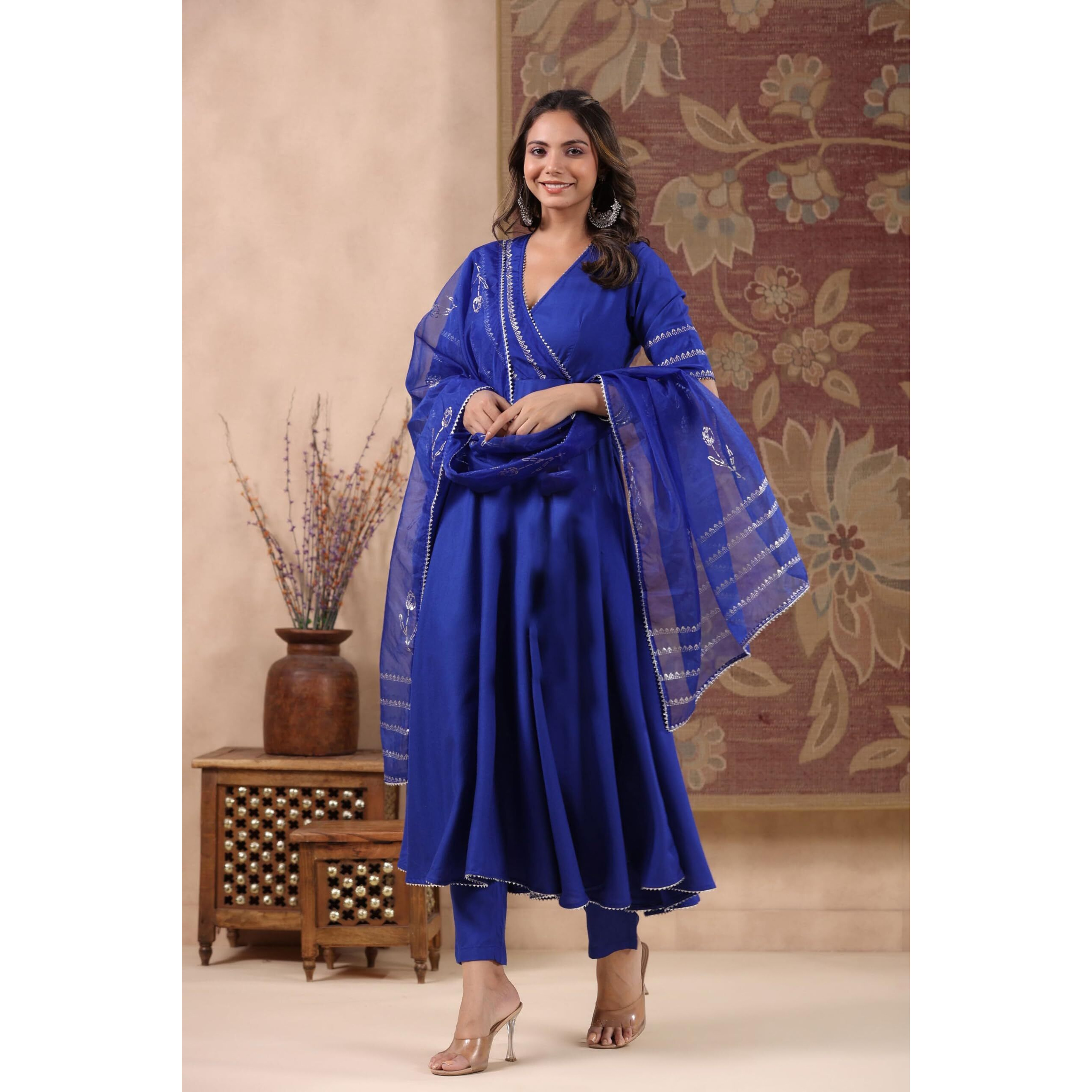 GoSriKi Women's Rayon Blend Anarkali Solid Kurta with Pant & Dupatta (NIRMOOHA Royal Blue-GS_M_Blue_Medium)