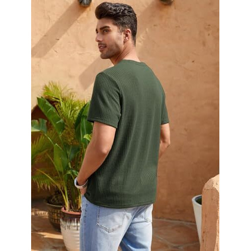 TAGDO Men's Waffle Knitted Crew Neck Regular Fit Tees (Waffle-5154-Green-XL)