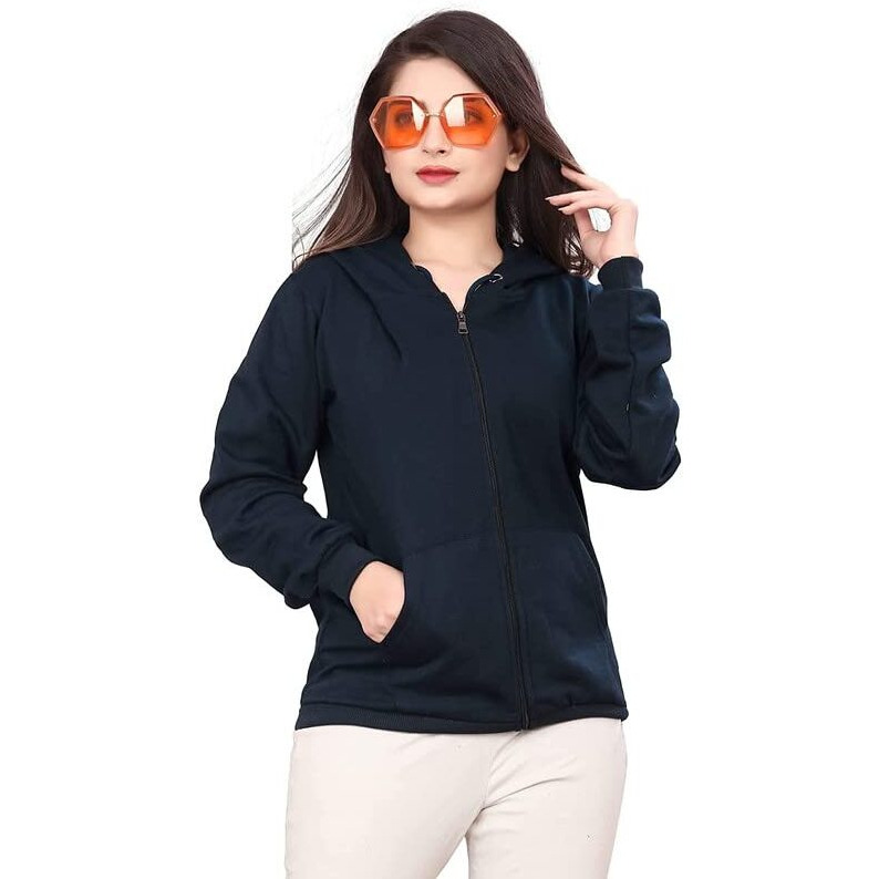 BAGHADBILLO Women's Hoodie||Hoodie for Women||Women's Sweatshirt||Plain Hoodie||Women's Causal Solid Hoodie||Girls Hoodie||Girls Sweatshirt - 1Zipper Hoodie Navy - 2XL