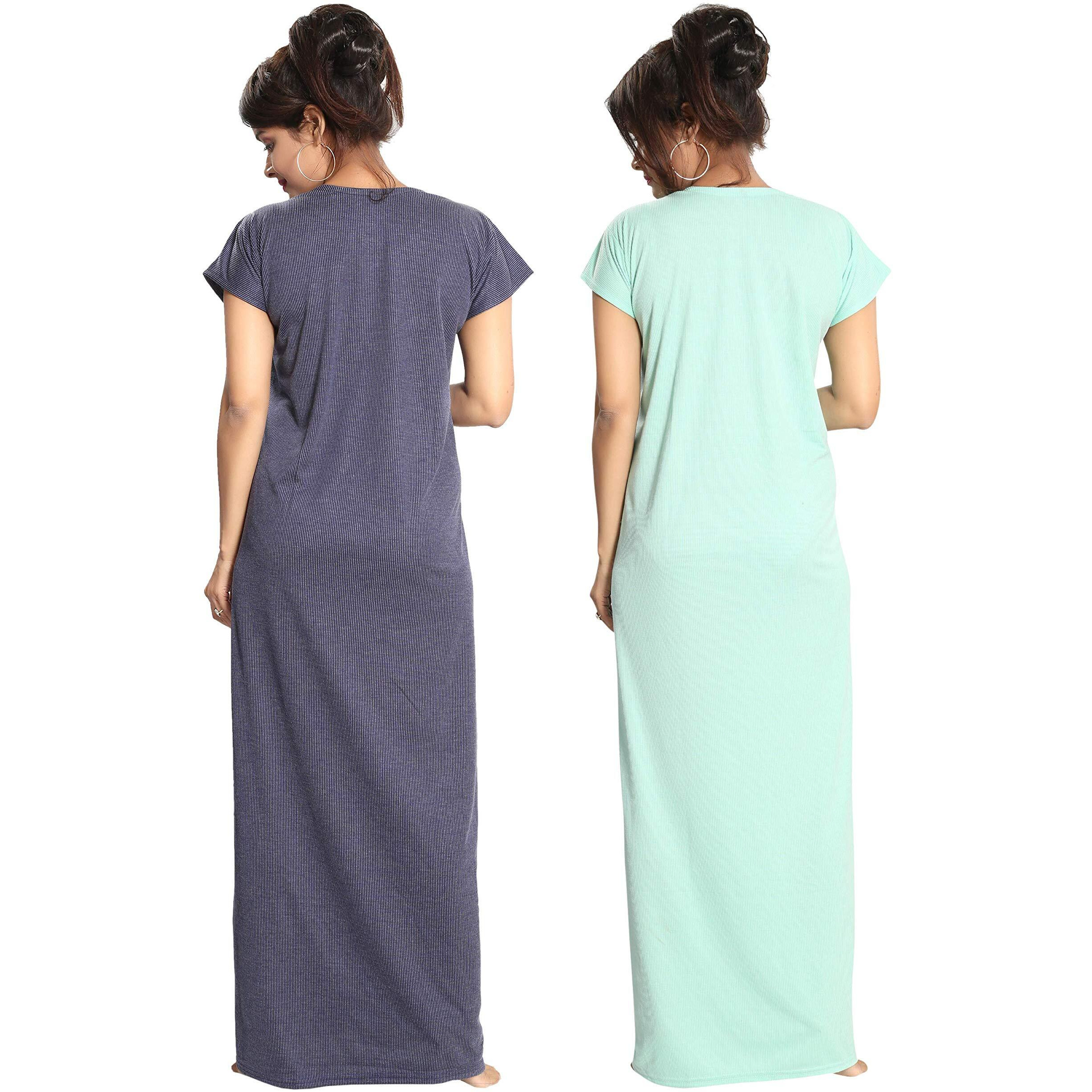 Fabme Women's Cotton Textured Maxi Casual Maternity/Feeding Nighty (Pack of 2) (NW0142_Navy Blue and Light Green_Free Size)