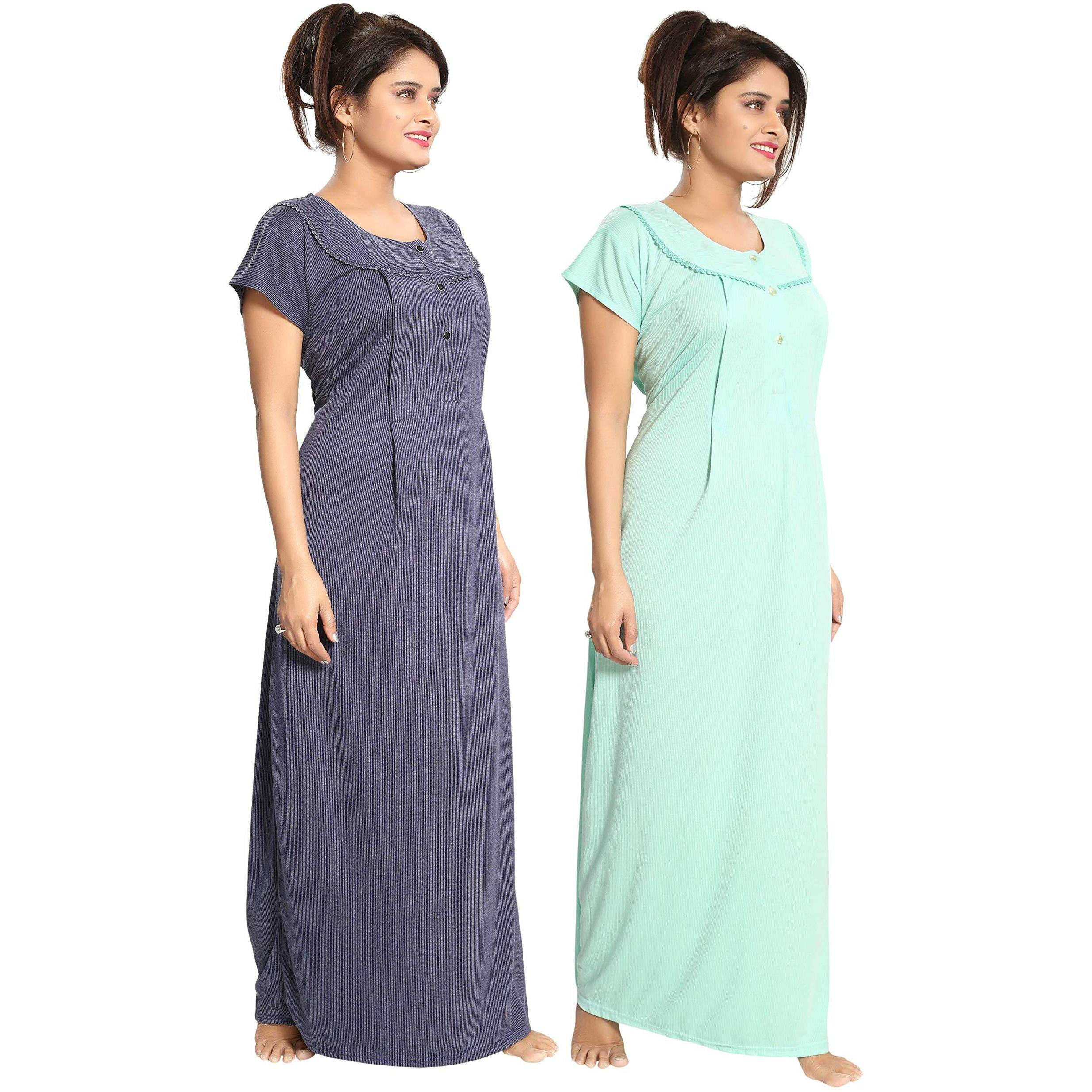 Fabme Women's Cotton Textured Maxi Casual Maternity/Feeding Nighty (Pack of 2) (NW0142_Navy Blue and Light Green_Free Size)
