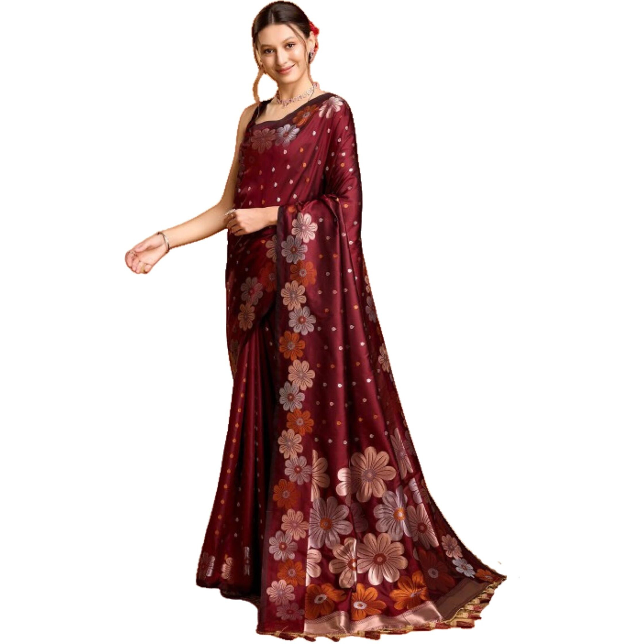 C J Enterprise Women's Banarasi Saree Pure Kanjivaram Silk Saree Soft Design Wear Pattu Sarees Latest Cotton With Blouse Piece Kanchipuram for Wedding sadi new ladies 2025 (Champa-51) (Maroon)