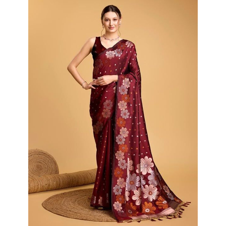 C J Enterprise Women's Banarasi Saree Pure Kanjivaram Silk Saree Soft Design Wear Pattu Sarees Latest Cotton With Blouse Piece Kanchipuram for Wedding sadi new ladies 2025 (Champa-51) (Maroon)