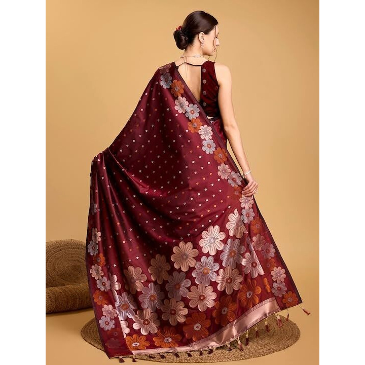 C J Enterprise Women's Banarasi Saree Pure Kanjivaram Silk Saree Soft Design Wear Pattu Sarees Latest Cotton With Blouse Piece Kanchipuram for Wedding sadi new ladies 2025 (Champa-51) (Maroon)