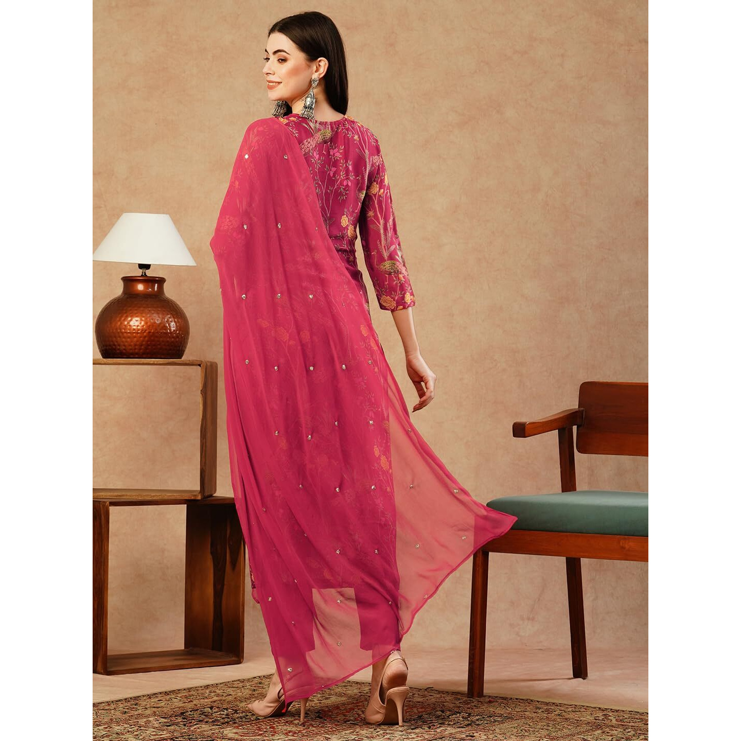 GoSriKi Women's Cotton Blend Straight Printed Kurta with Pant & Dupatta (SHOKO RED-NW-GS_XL_Red_X-Large)