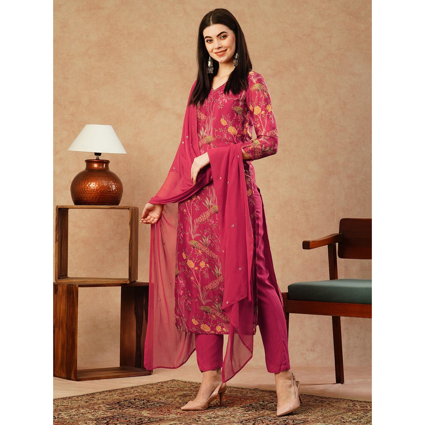 GoSriKi Women's Cotton Blend Straight Printed Kurta with Pant & Dupatta (SHOKO RED-NW-GS_XL_Red_X-Large)