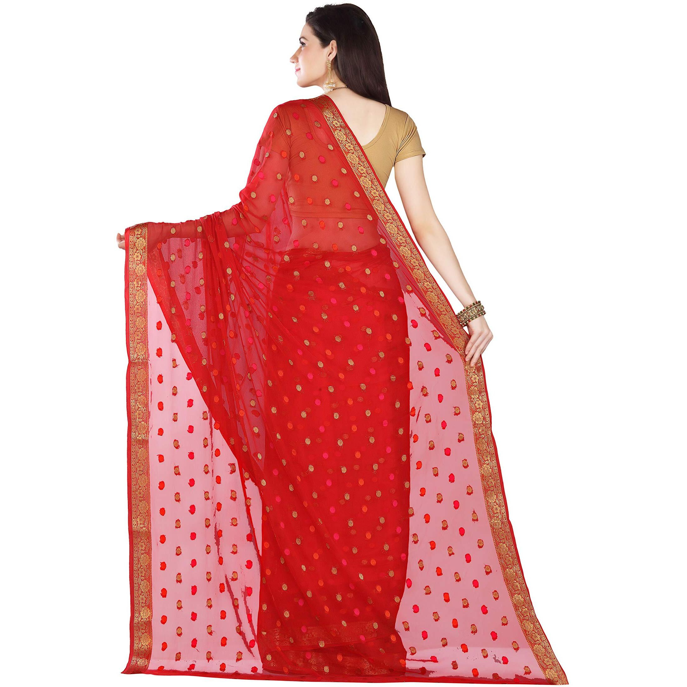 RANI SAAHIBA Women's Chiffon Saree With Blouse Piece (SKR5575_Red)