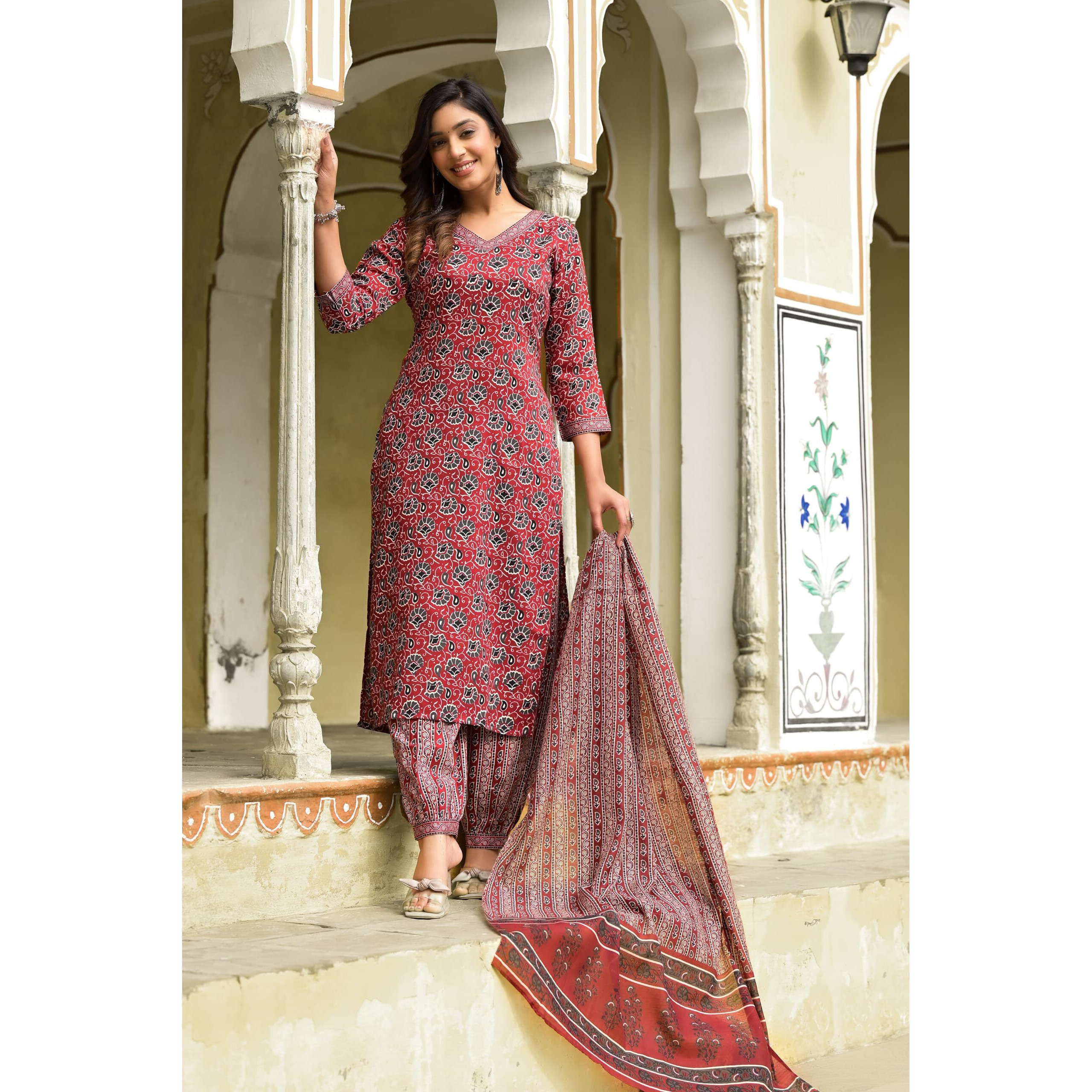 KLOSIA Women Straight Block Printed Kurta and Pant Set with Dupatta | Ethnic Set | Dupatta Set | Suit Set | Kurta Set | Wedding Suit | (XX-Large) Maroon