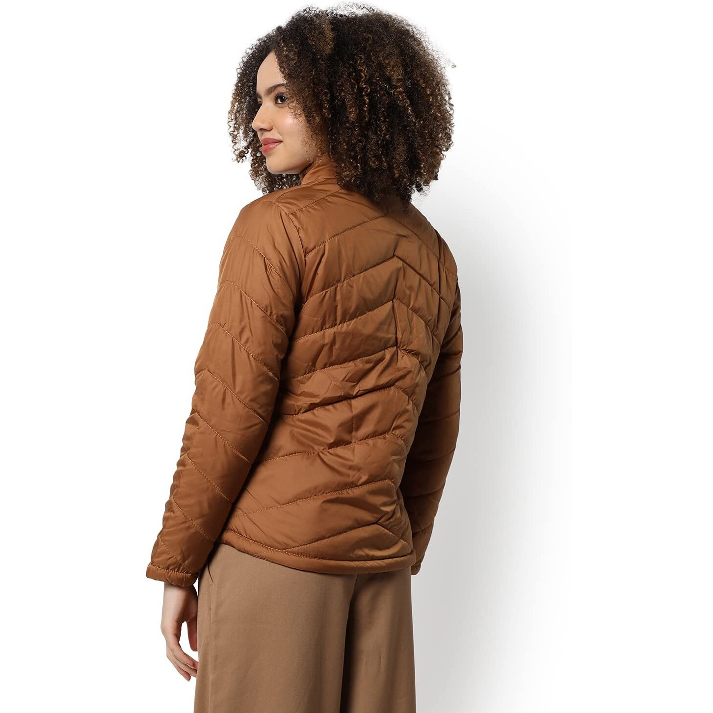 Campus Sutra Women Brown Puffer Regular Fit Bomber Jacket For Winter Wear | Standing Collar | Full Sleeve | Zipper | Casual Jacket For Woman & Girl | Western Stylish Jacket For Women