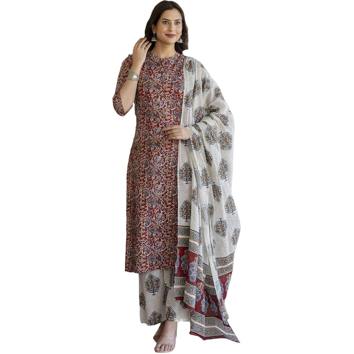GoSriKi Women's Cotton Blend Printed Straight Kurta Plazzo with Printed Dupatta (Aabina Maroon-GS_XXL_Maroon_XX-Large)