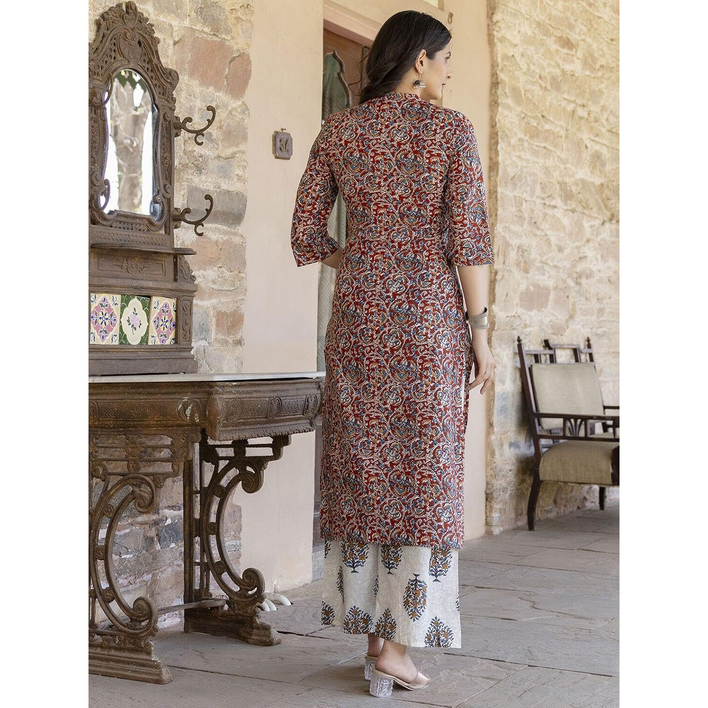 GoSriKi Women's Cotton Blend Printed Straight Kurta Plazzo with Printed Dupatta (Aabina Maroon-GS_XXL_Maroon_XX-Large)