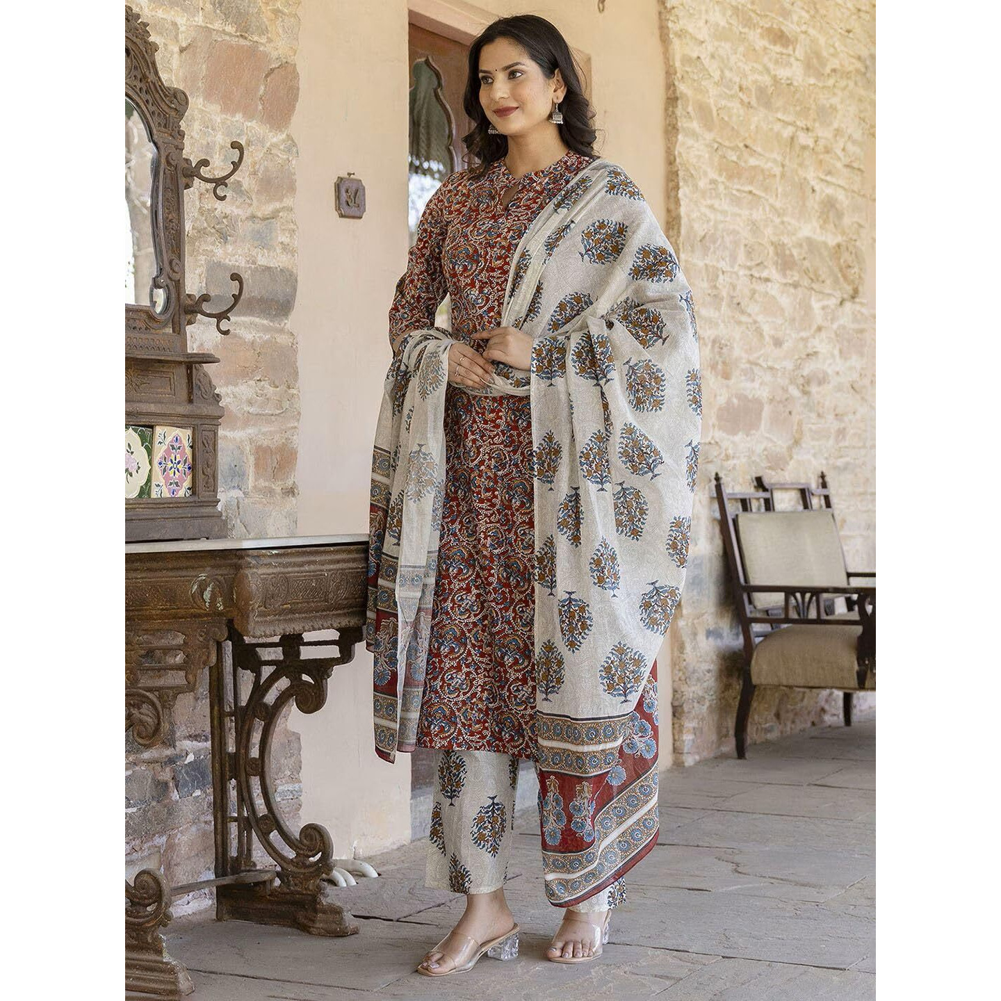 GoSriKi Women's Cotton Blend Printed Straight Kurta Plazzo with Printed Dupatta (Aabina Maroon-GS_XXL_Maroon_XX-Large)