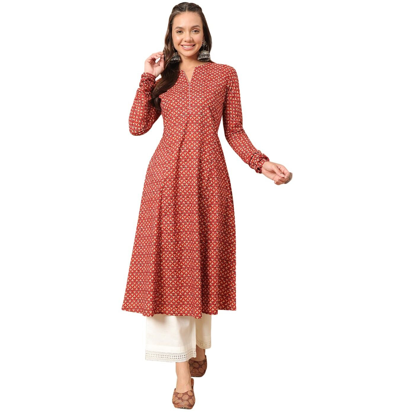 FIORRA Women's Floral Printed Red Cotton A-Line Kurta FAR0113