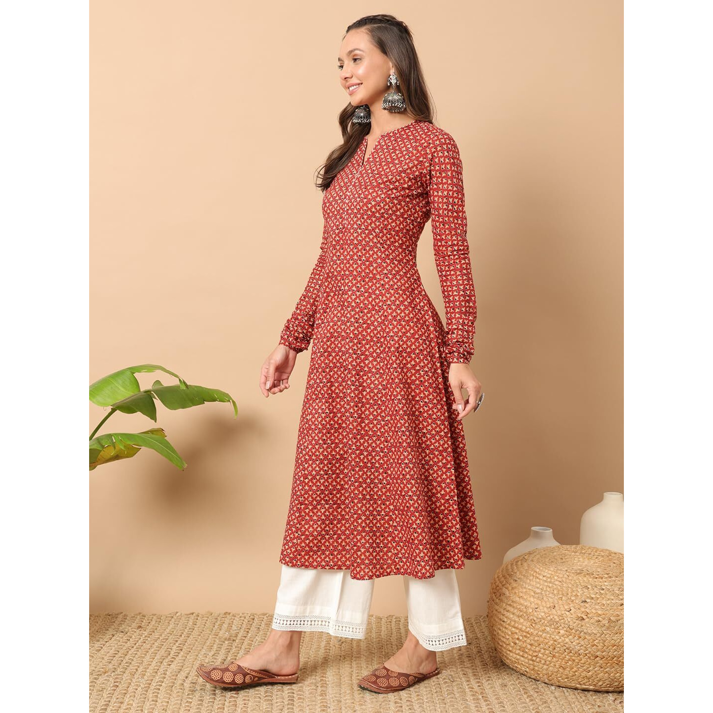 FIORRA Women's Floral Printed Red Cotton A-Line Kurta FAR0113