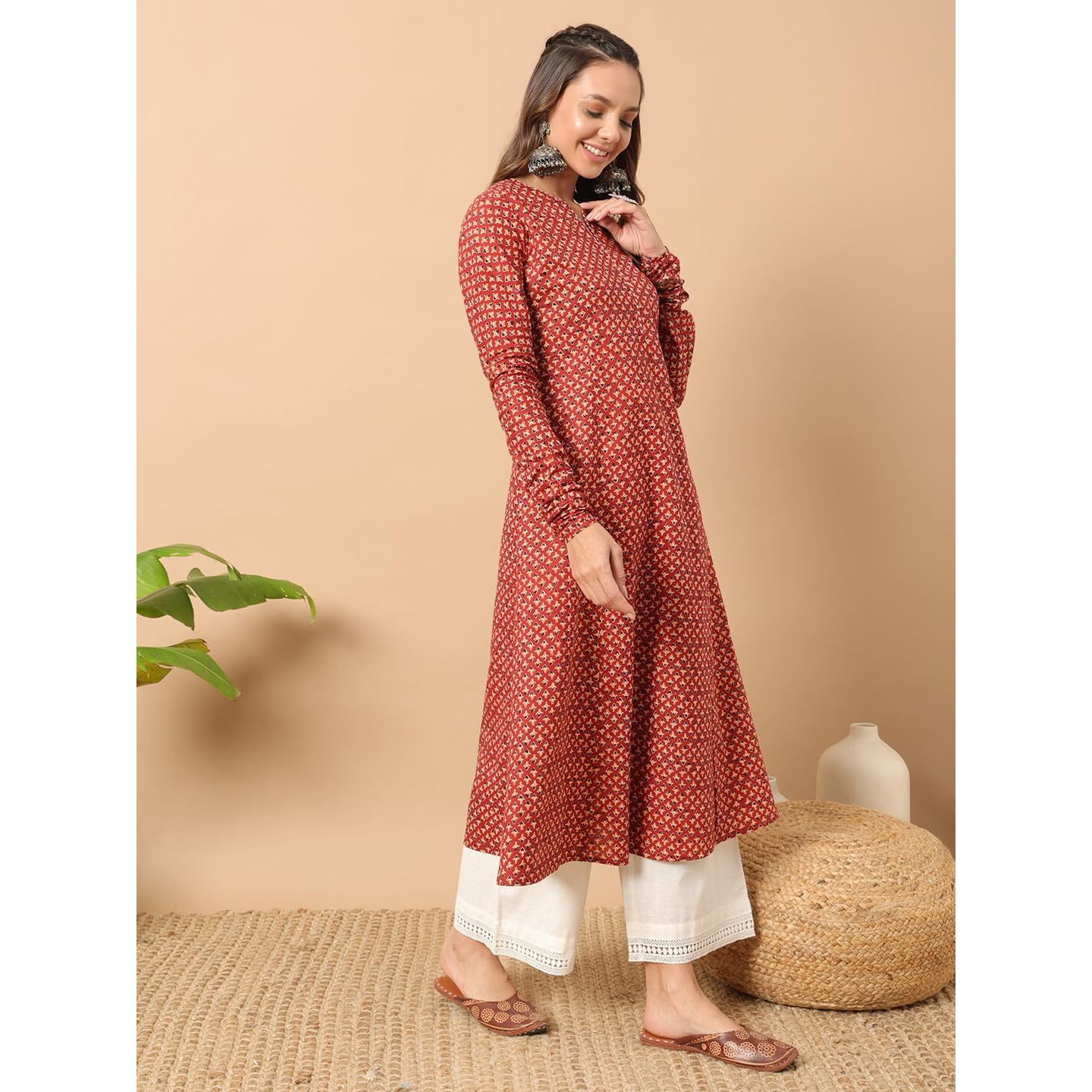 FIORRA Women's Floral Printed Red Cotton A-Line Kurta FAR0113