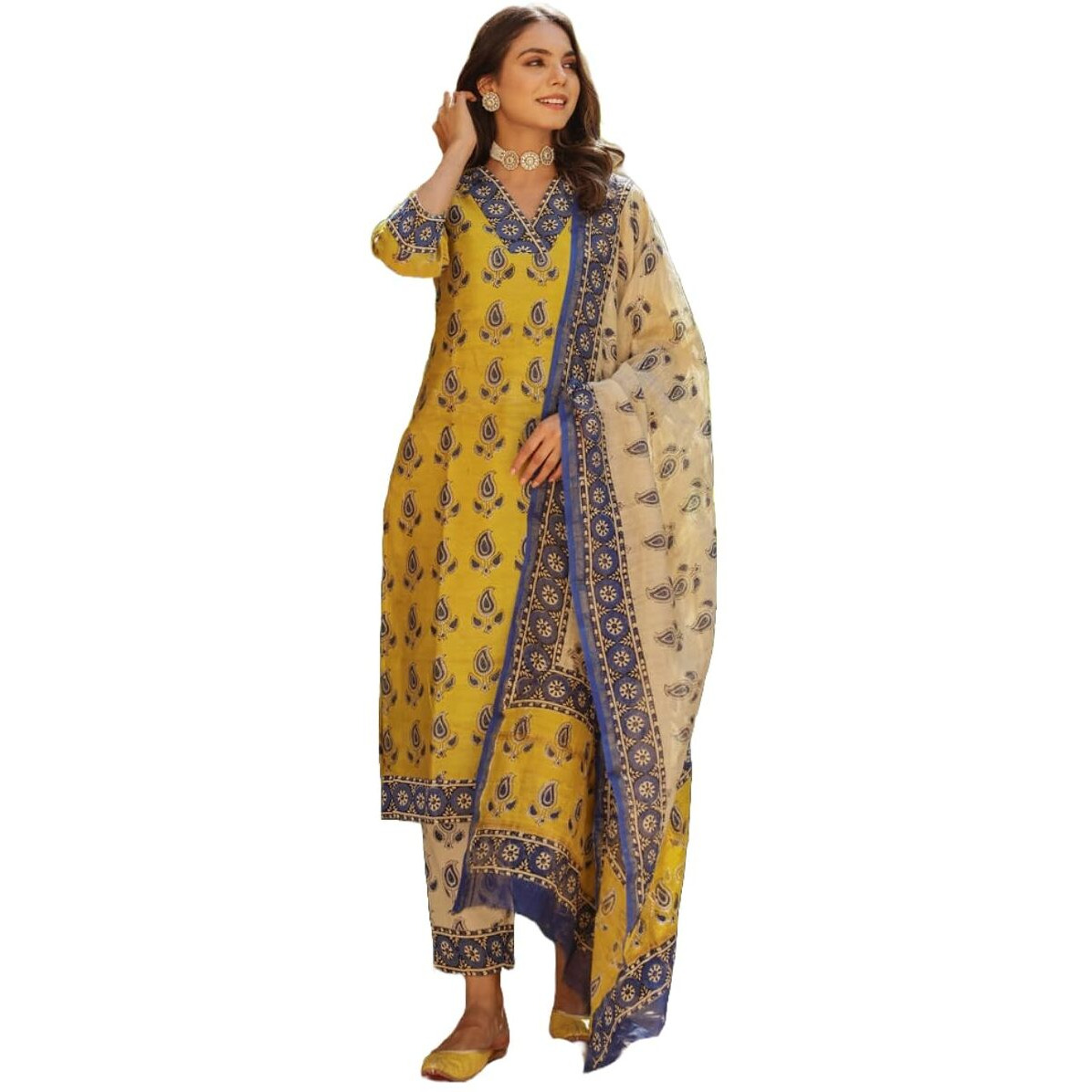 GoSriKi Women's Cotton Blend Straight Printed Kurta with Pant & Dupatta (Uchiha Mustard-GS_M_Mustard_Medium)