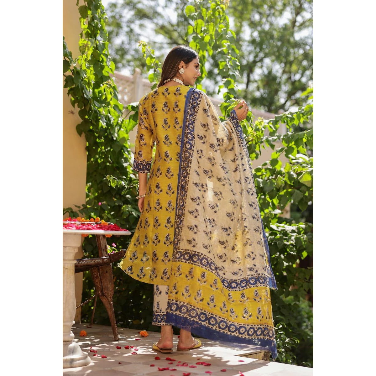 GoSriKi Women's Cotton Blend Straight Printed Kurta with Pant & Dupatta (Uchiha Mustard-GS_M_Mustard_Medium)