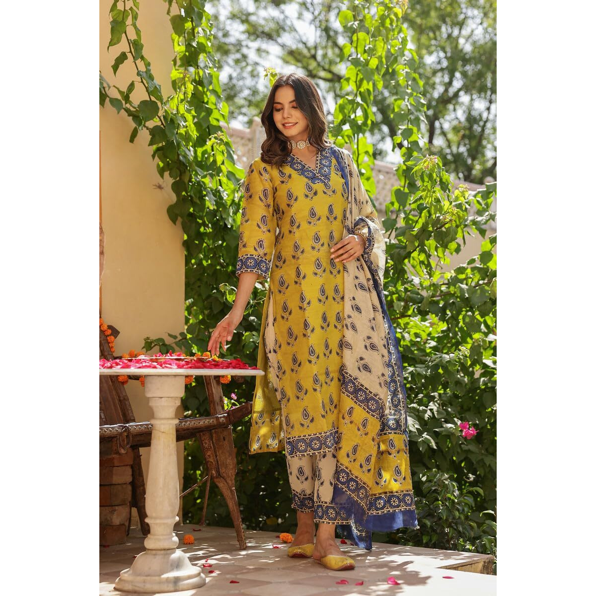 GoSriKi Women's Cotton Blend Straight Printed Kurta with Pant & Dupatta (Uchiha Mustard-GS_M_Mustard_Medium)