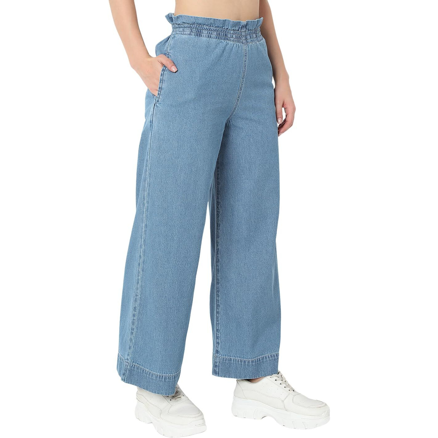 AKA CHIC Women's Wide Leg Fit Cotton Jeans (AKCB 1322_Mid Stone_28_Mid Stone_28)