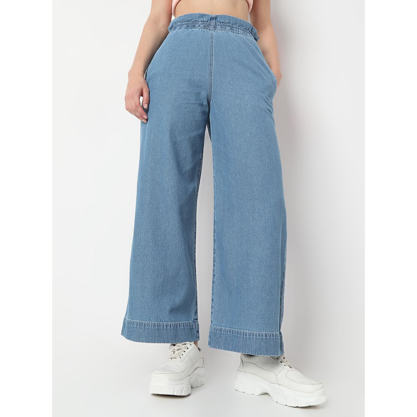 AKA CHIC Women's Wide Leg Fit Cotton Jeans (AKCB 1322_Mid Stone_28_Mid Stone_28)