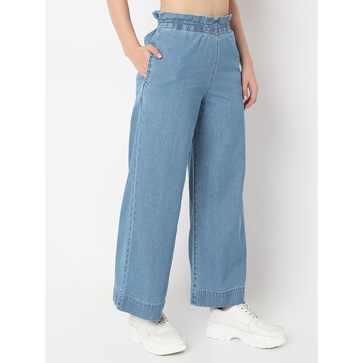 AKA CHIC Women's Wide Leg Fit Cotton Jeans (AKCB 1322_Mid Stone_28_Mid Stone_28)
