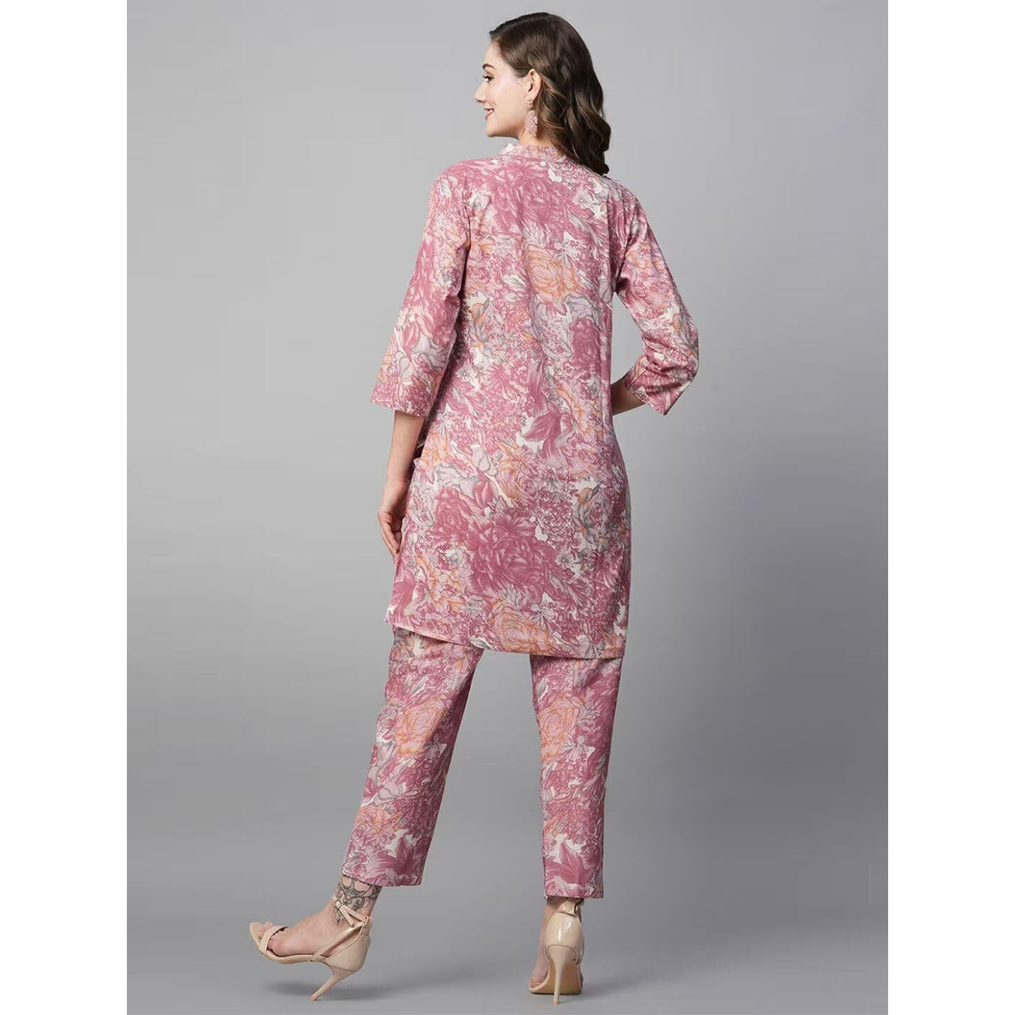 rytras Women's Cotton Printed Straight Kurta and Pant Set(Light Pink,M)
