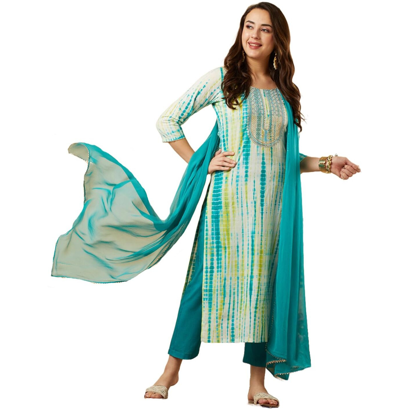GoSriKi Women's Rayon Blend Straight Printed Kurta with Pant & Dupatta (Tiedye-RAMA Blue-NE-GS_XL_Blue_X-Large)