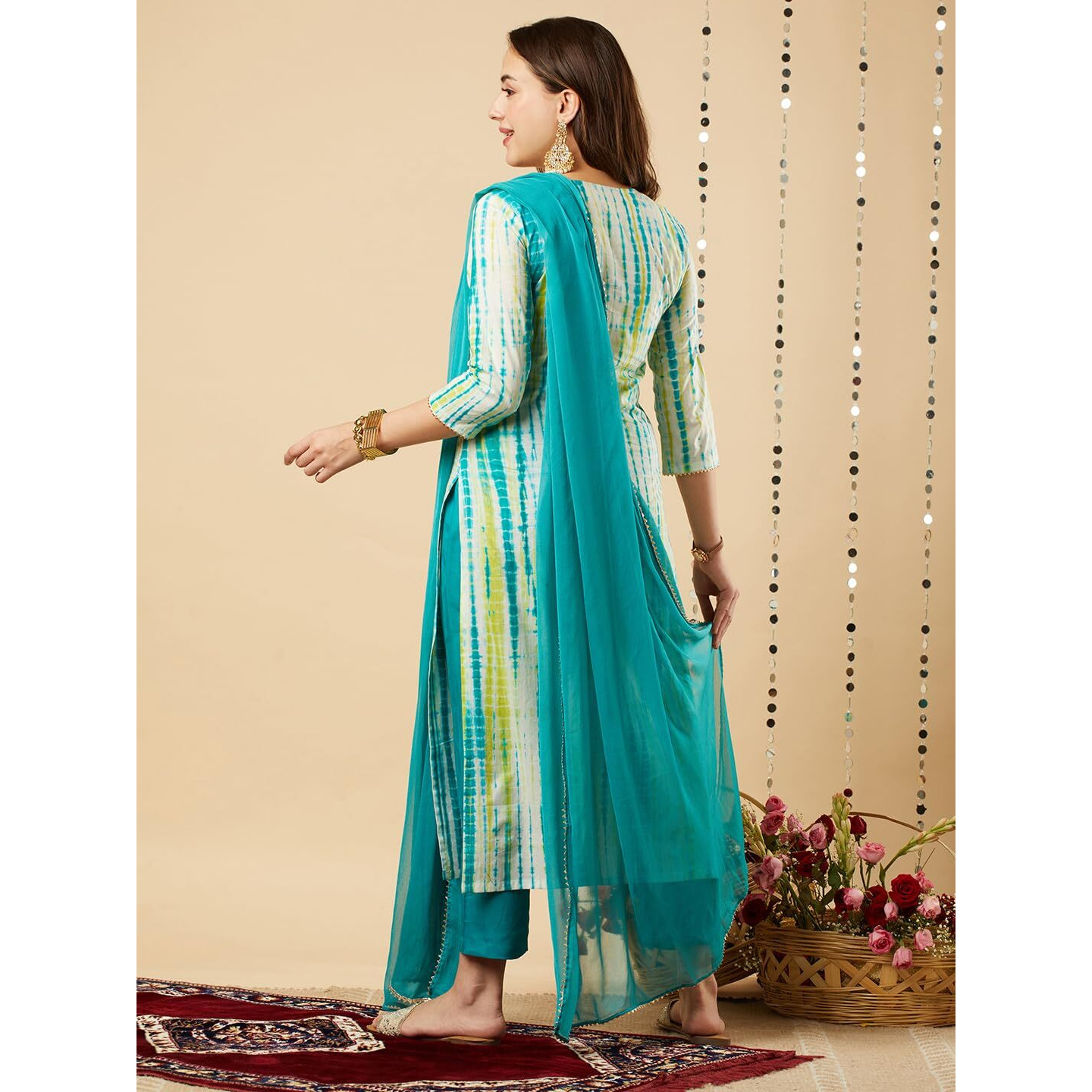 GoSriKi Women's Rayon Blend Straight Printed Kurta with Pant & Dupatta (Tiedye-RAMA Blue-NE-GS_XL_Blue_X-Large)