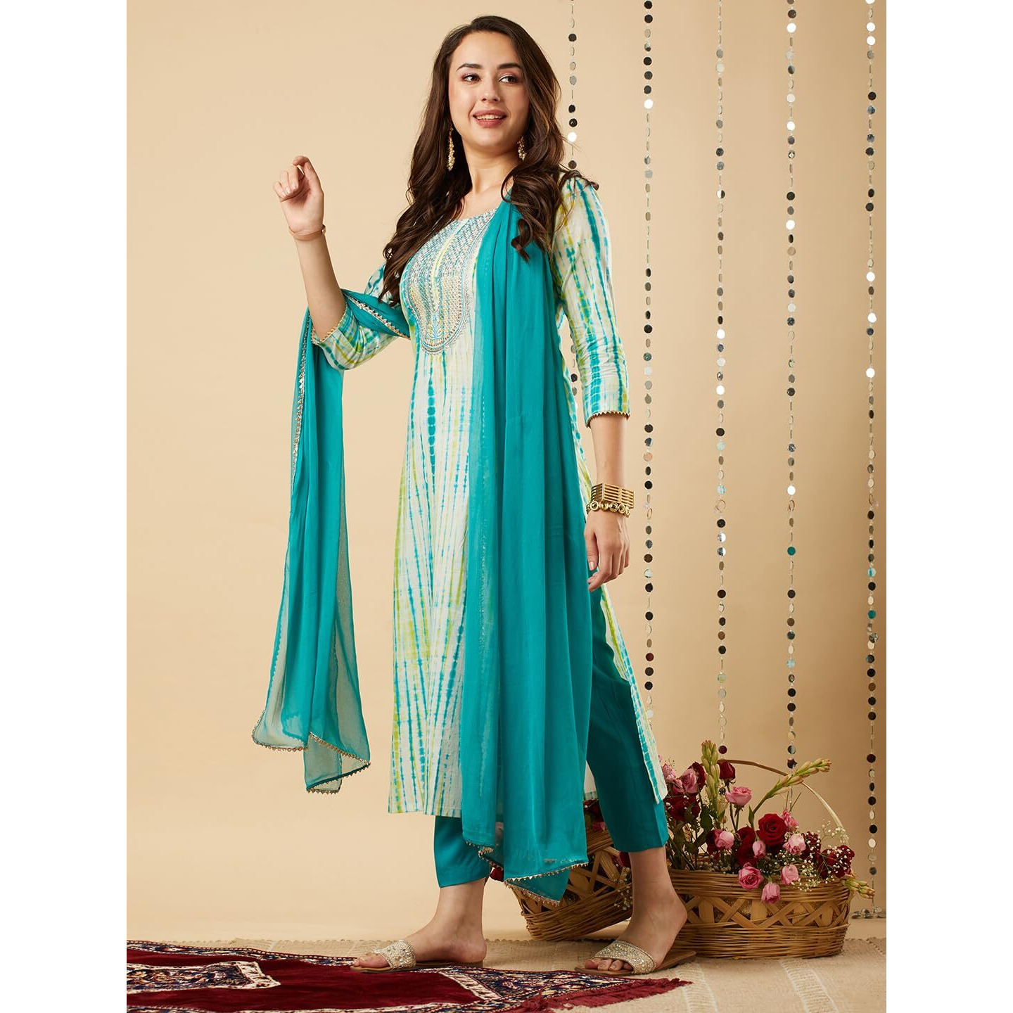 GoSriKi Women's Rayon Blend Straight Printed Kurta with Pant & Dupatta (Tiedye-RAMA Blue-NE-GS_XL_Blue_X-Large)