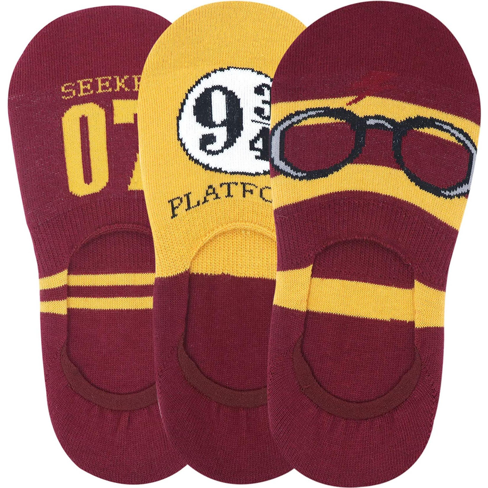BALENZIA x Harry Potter Potter 07, Lightning Bolt & Glasses, Platform 9 3-4 No Show Socks for Women | Made with Cotton and Spandex (Pack of 3)- Yellow & Maroon