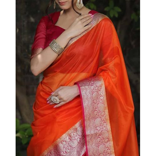 Yashika Women's Plain Organza Saree with Floral Woven Border and Unstitched Blouse Material (AZ-YS-OG1-ORGANZA Orange