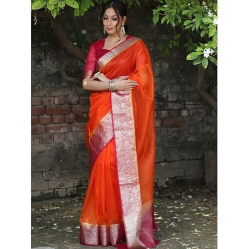 Yashika Women's Plain Organza Saree with Floral Woven Border and Unstitched Blouse Material (AZ-YS-OG1-ORGANZA Orange