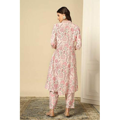 GRECIILOOKS Women SEMI Cotton Alia Cut Regular Fit Kurta Set (Off White, Small)
