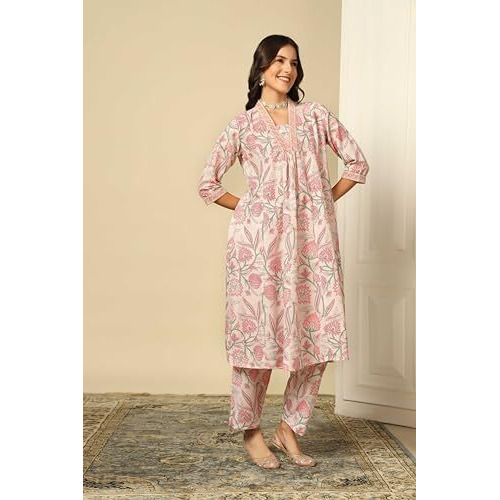 GRECIILOOKS Women SEMI Cotton Alia Cut Regular Fit Kurta Set (Off White, Small)