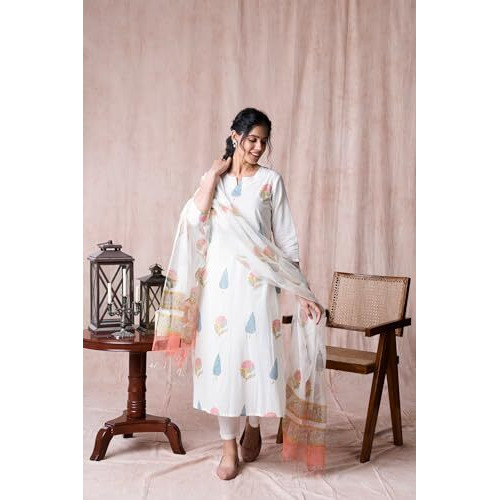 ANNI DESIGNER Women's Cotton Blend Straight Printed Kurta with Pant & Dupatta (Nairiti White_L_White_Large)