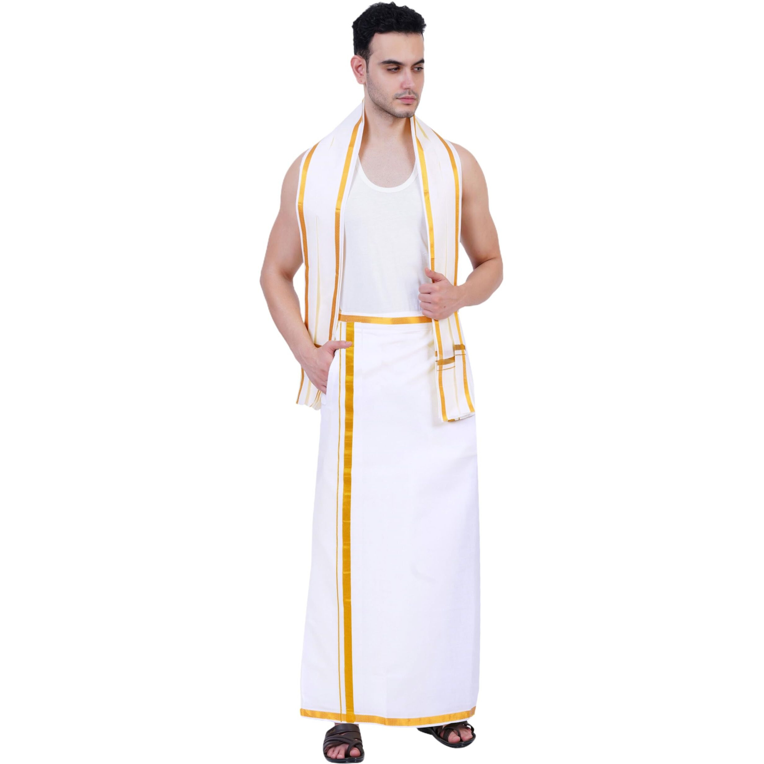 PRAKASAM COTTON Mens White Colour Zari Cotton Welcro Pocket Dhoti with Matching Towel-(Size 34)