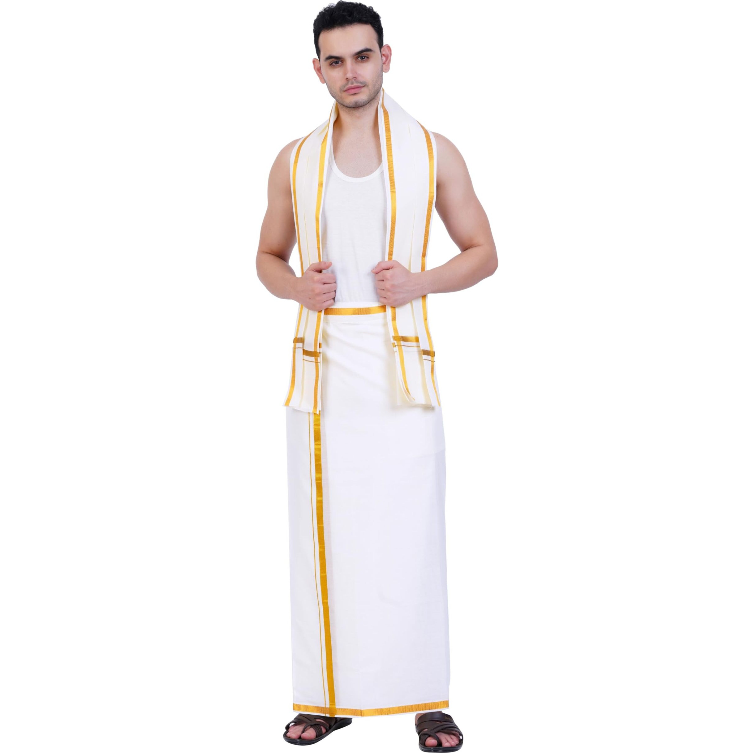 PRAKASAM COTTON Mens White Colour Zari Cotton Welcro Pocket Dhoti with Matching Towel-(Size 34)