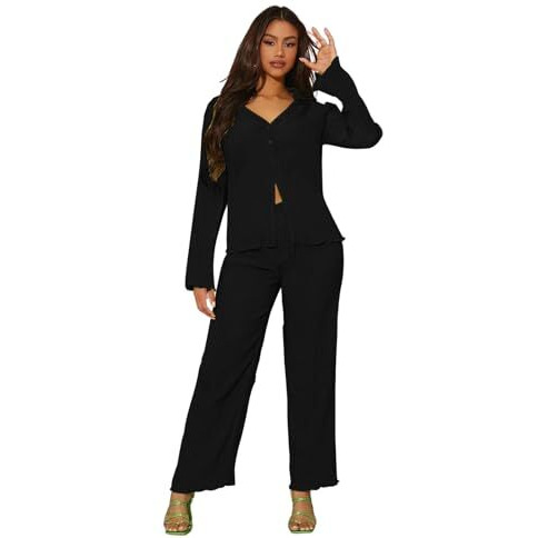 GRECIILOOKS Lycra Casual Standard Length Stylish | Textured Travel for Women | Full Sleeve Co-ord Set (GL-W1912&TR941_Black_M)