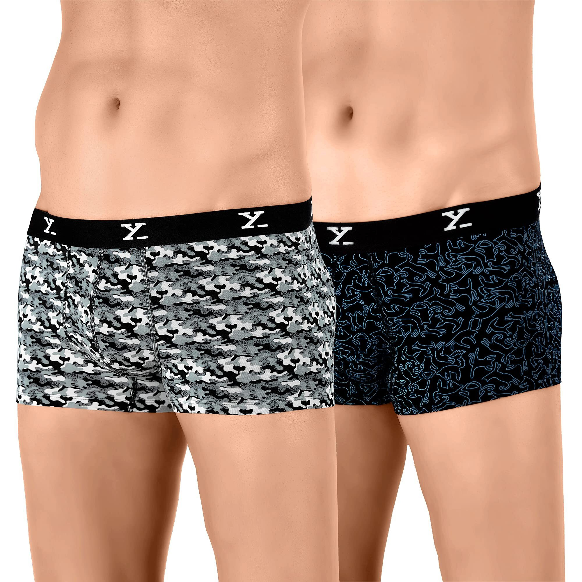 XYXX Men's Modal Relaxed Trunks (Pack of 2) (XYTRNK2PCKN220L_Camo Monocrom+Yoga Pet_L)