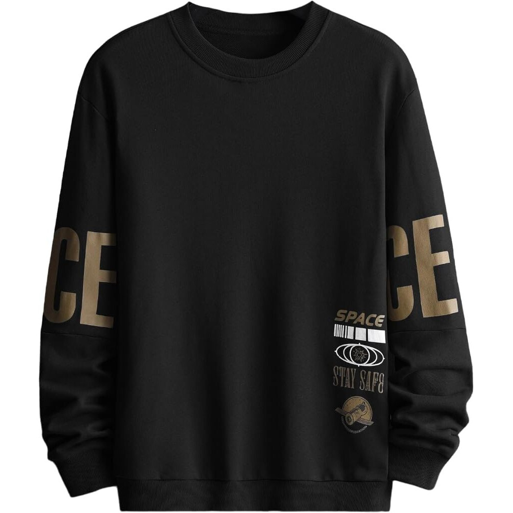 TAGAS Men's Satellite & Letter Graphic Drop Shoulder Fleece Round Neck Regular Fit Sweatshirt ||MSS-3-BLACK-XXL