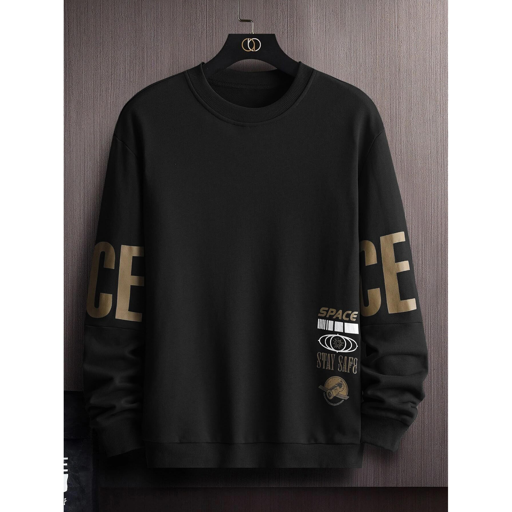 TAGAS Men's Satellite & Letter Graphic Drop Shoulder Fleece Round Neck Regular Fit Sweatshirt ||MSS-3-BLACK-XXL