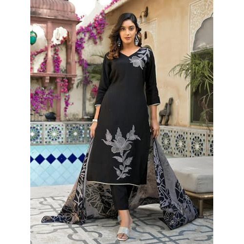 FABNEX Cotton Blend Kurta Set For Women | Women Kurta | Women Kurta Sets Kurtis | Women Kurta Pant Set | Women Kurta Pant Set Women Kurti Set With Pant (K-44-45) (Xl, Black)