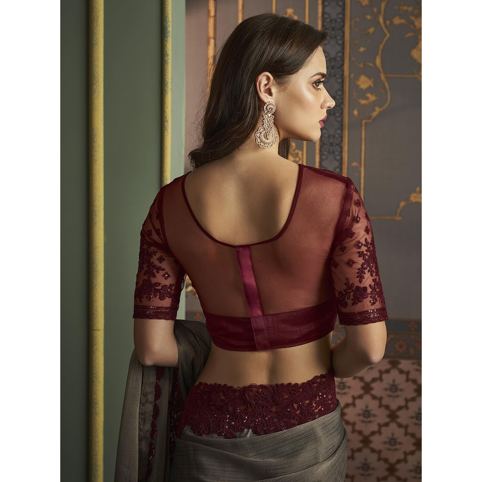 Satrani Women's Shimmer Chiffon Dual Tone Self Woven & Lace Saree with Unstitched Blouse Piece (3568S124N_Brown)