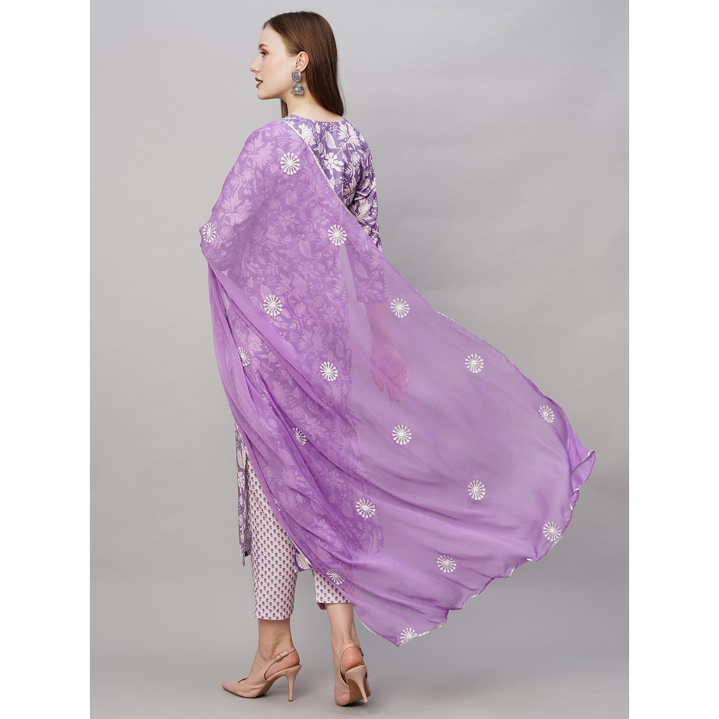 GoSriKi Women's Cotton Blend Floral Straight Kurta with Pant & Dupatta (MEI Purple-NW-GS Medium)