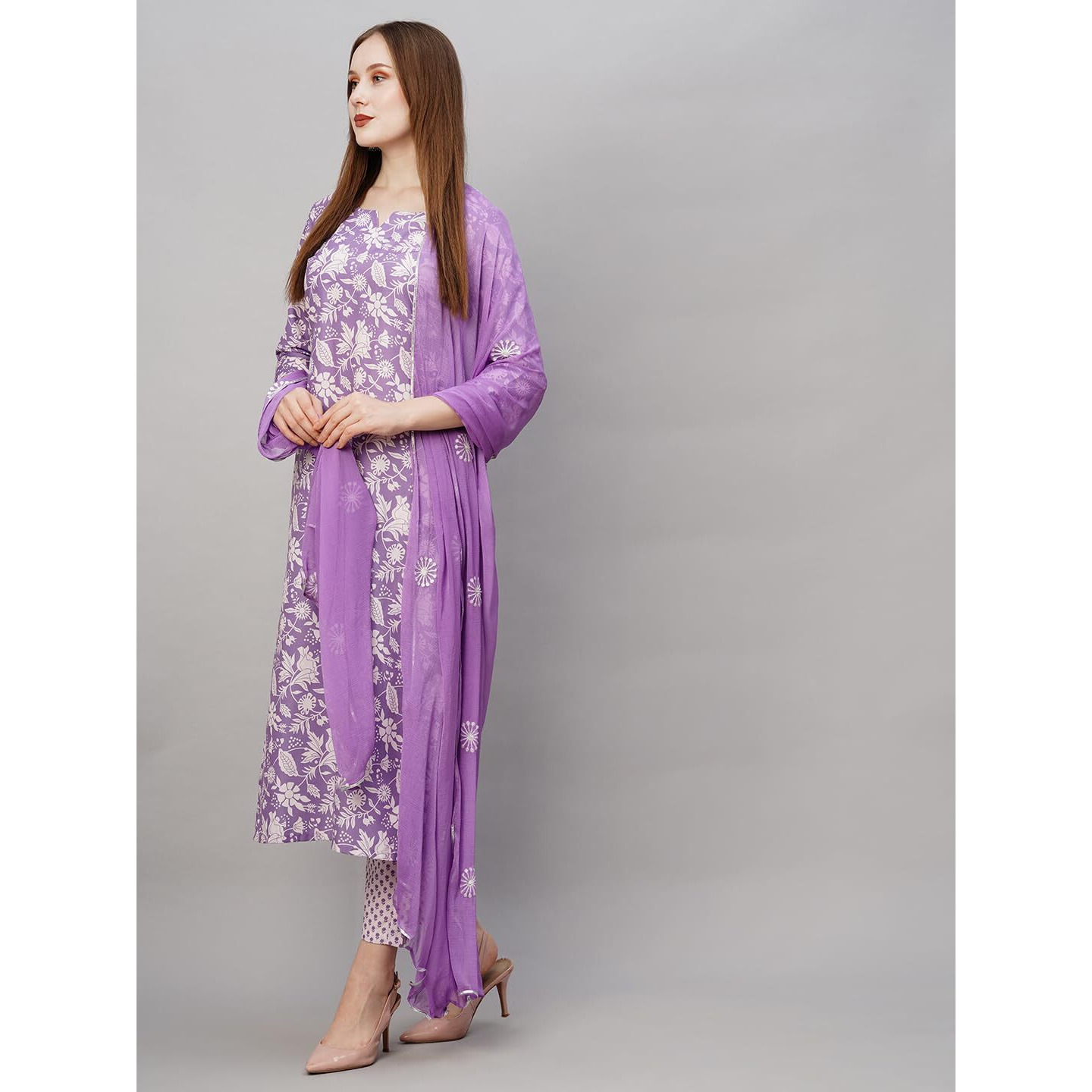 GoSriKi Women's Cotton Blend Floral Straight Kurta with Pant & Dupatta (MEI Purple-NW-GS Medium)
