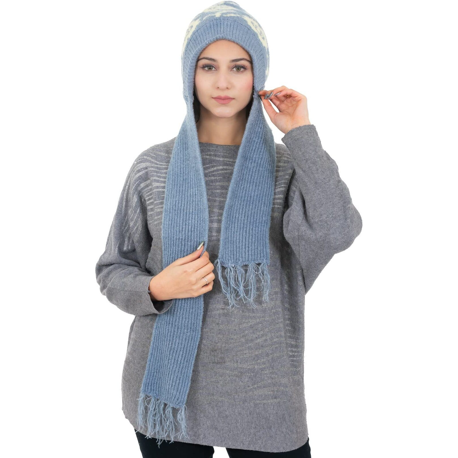 AMOLDO Wool Women's Beanie Hat (Muffler Cap_Light Grey), Free Size
