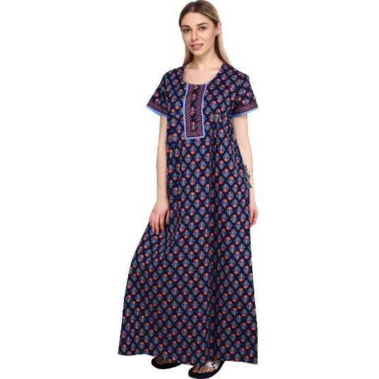 Evolove Women's Cotton Long Maxi Night Gown Nighty Dress with Pocket & Stylish Button, Super Soft Comfortable (Royal Blue 1, LNGCO3048BL-L)