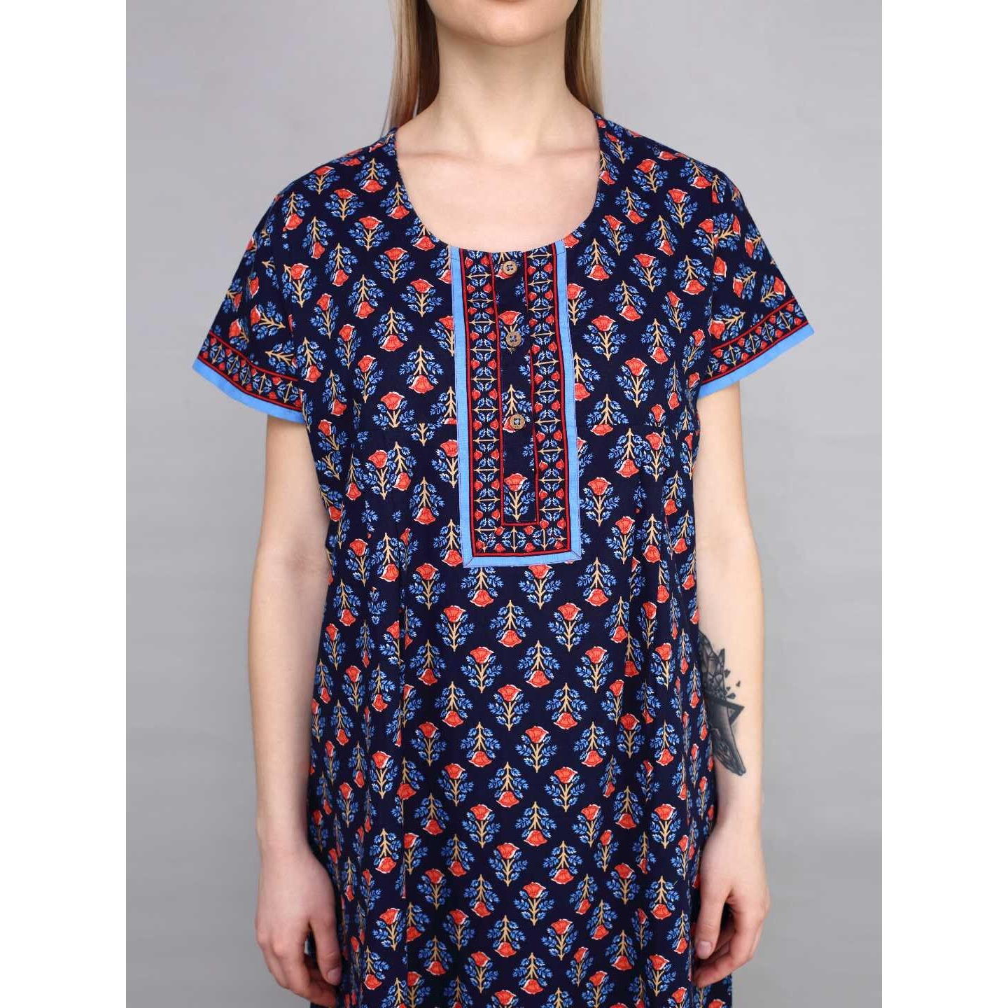 Evolove Women's Cotton Long Maxi Night Gown Nighty Dress with Pocket & Stylish Button, Super Soft Comfortable (Royal Blue 1, LNGCO3048BL-L)